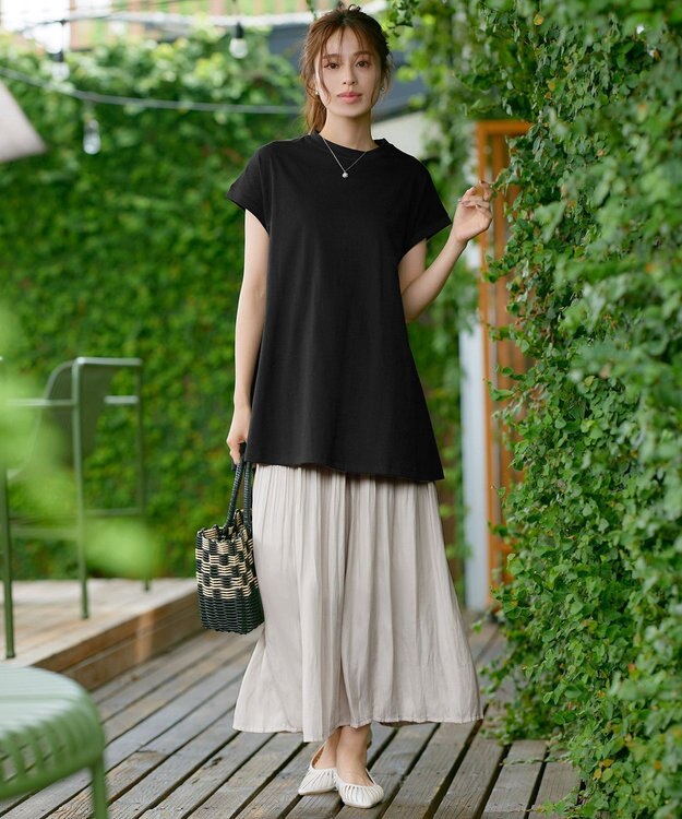 Tiaclasse 【接触冷感】 フレンチスリーブフレアカットソー ブラック