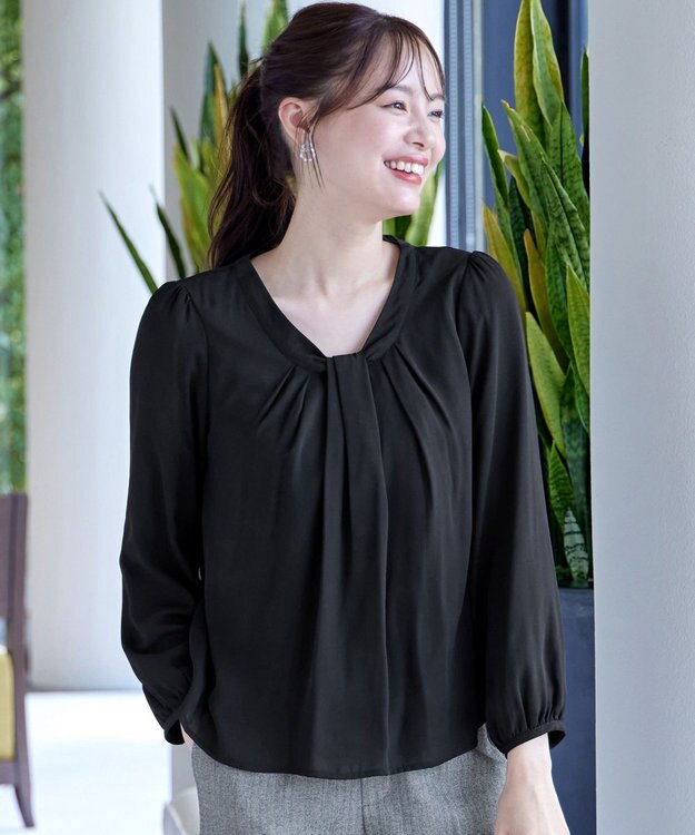 Tiaclasse 【スマート裏起毛】 ボウタイ風ブラウス ブラック