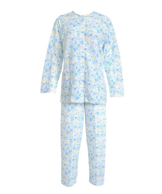 Wing 【数量限定　特別価格】 パジャマ 長袖 長ズボン 綿混(本体) キルトニット素材 保温性 あたたかい 前開きタイプ 丸首 レディース EP6912 ウイング／ワコール サックス