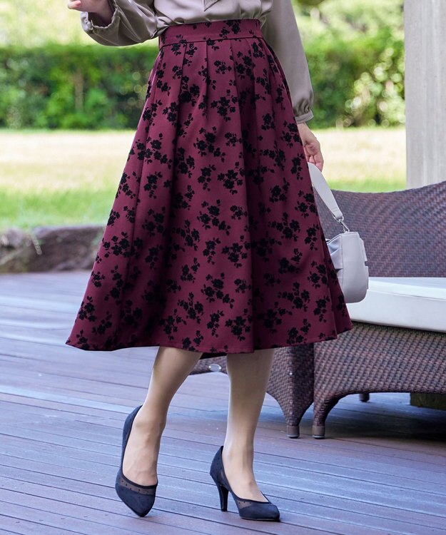 Tiaclasse 【洗える】フロッキースカート ボルドー(花柄）