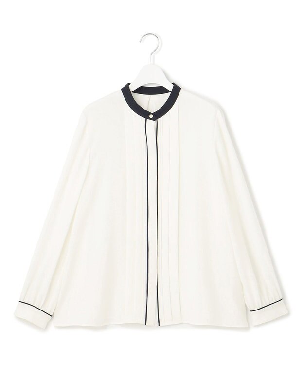 23区 【吸水速乾/UVケア/洗える】ストレッチクリアサテン バイカラー ブラウス ホワイト×ネイビー