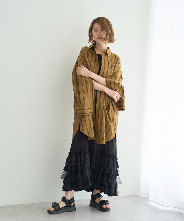 YECCA VECCA 2way袖デザインロングシャツ Stripe Camel