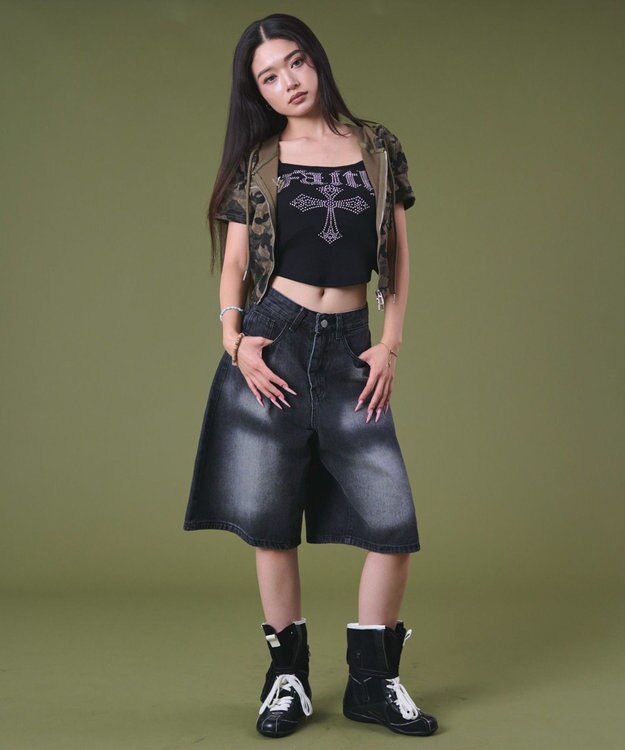 WEGO バックフラップポケットデニムハーフパンツ ブラック