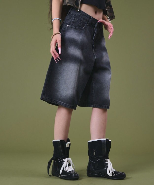 WEGO バックフラップポケットデニムハーフパンツ ブラック