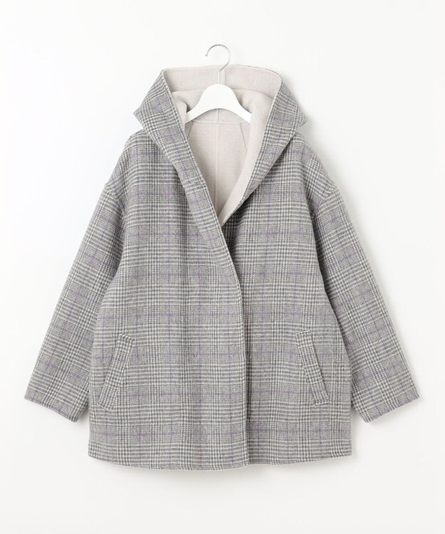 自由区 【リバーシブル】ウールリバー フード付きショートコート ライトグレー系