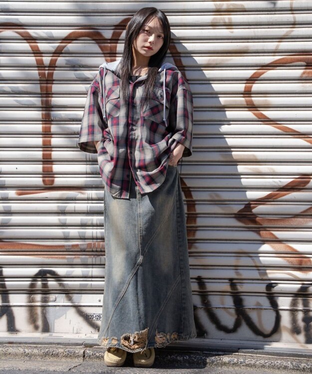 WEGO 【ユニセックス着用ITEM/MLサイズ展開】オンブレチェックフードシャツ（SS） レッドチェック1