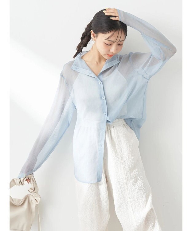 earth music&ecology シアーハイネックシャツ Grayish Blue
