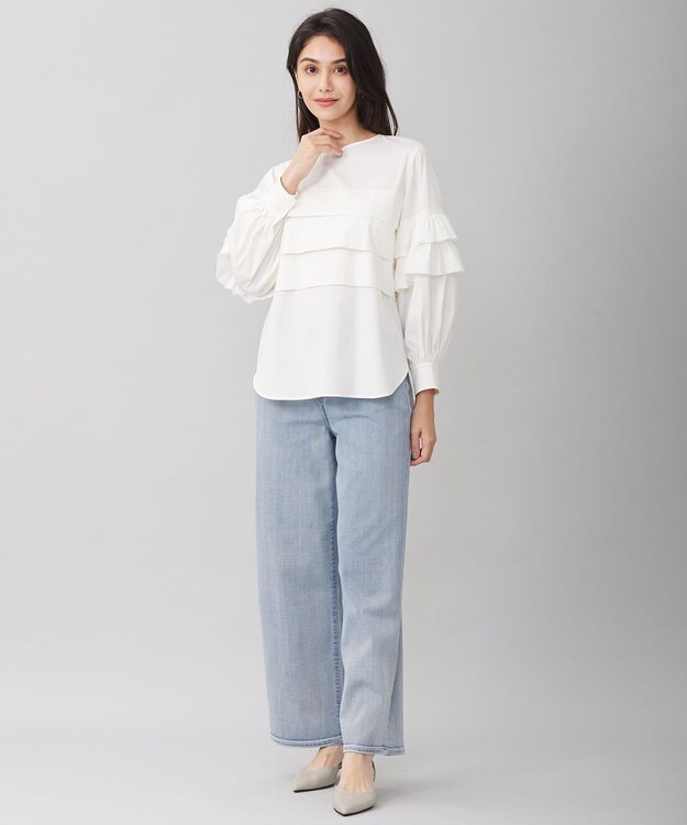 自由区 L 【洗える】タイプライターデザイン ブラウス アイボリー系