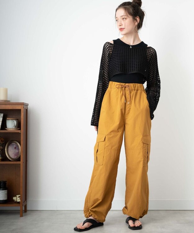 WEGO 【ウエストゴム】ナイロンイージーワイドカーゴパンツ マスタード