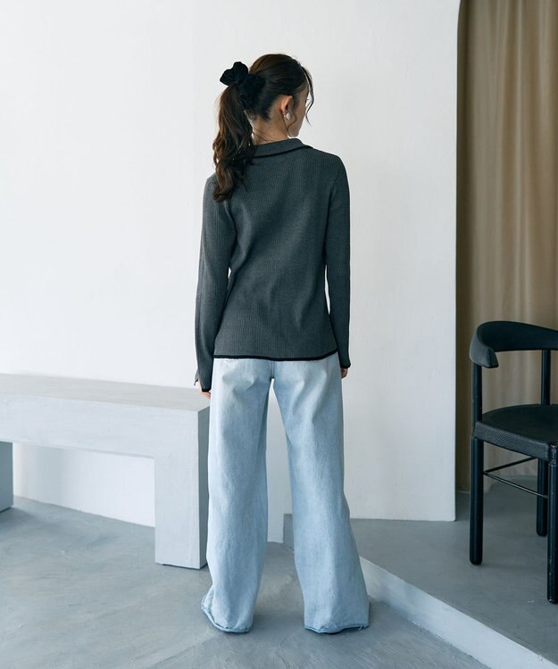 earth music&ecology バイカラートリムロングニットカーディガン Charcoal Gray