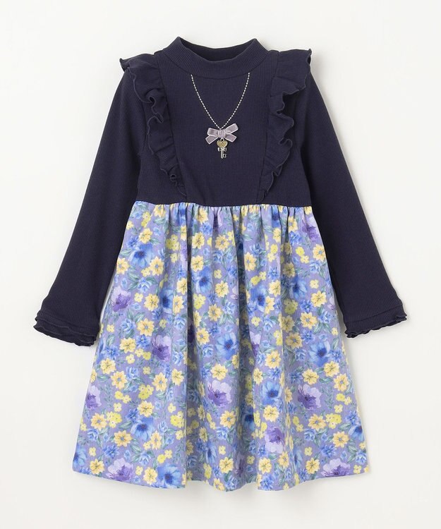 ANY KIDS 花柄ドッキングワンピース ネイビー