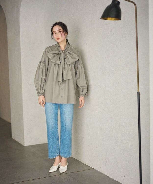 #Newans 【シワになりにくい/洗濯機可能/袖ゴム】ビッグリボンブラウス グレー