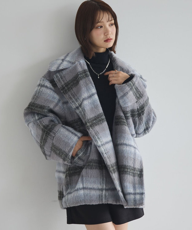 earth music&ecology チェックシャギーコート Check Gray