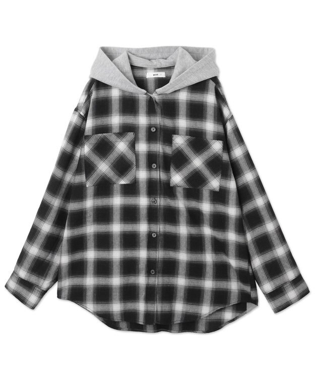 WEGO 裏毛フードチェックシャツ ブラック