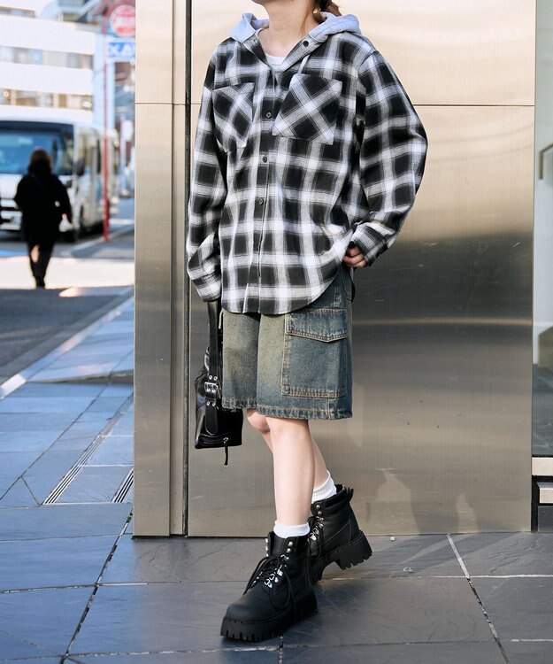 WEGO 裏毛フードチェックシャツ ブラック