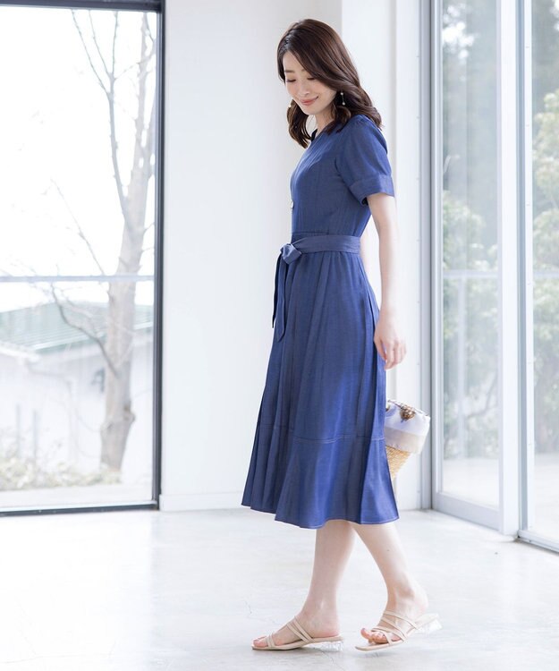 Tiaclasse L デニムフレアワンピース ブルー