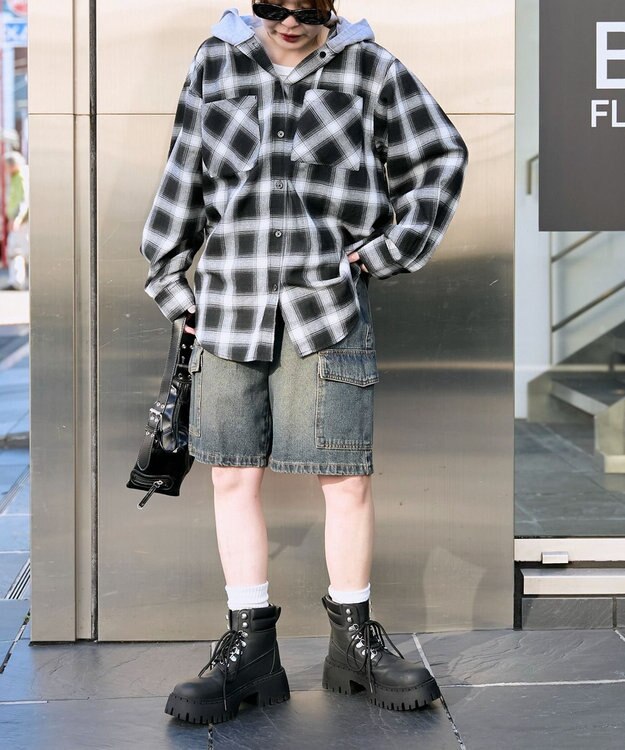 WEGO 裏毛フードチェックシャツ ブラック