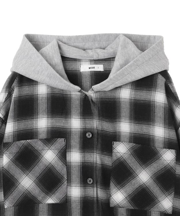 WEGO 裏毛フードチェックシャツ ブラック