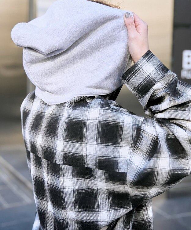 WEGO 裏毛フードチェックシャツ ブラック