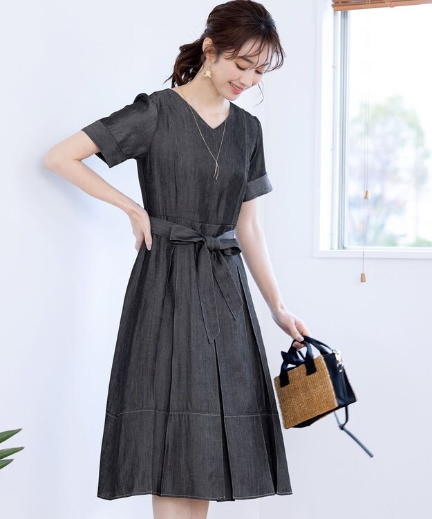 Tiaclasse L デニムフレアワンピース ブラック