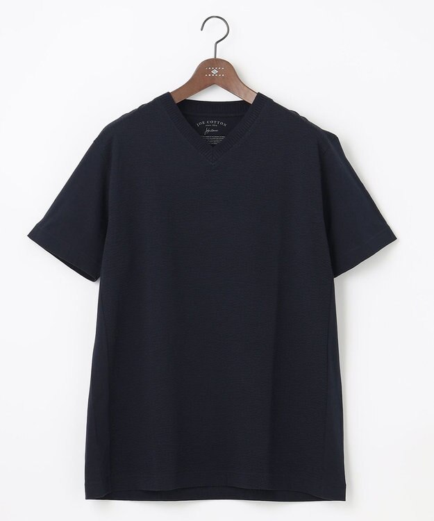 JOSEPH ABBOUD 【キングサイズ・オーガニックコットン使用】JOE COTTONサッカーVネック Tシャツ ネイビー系