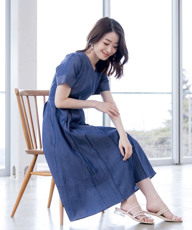 Tiaclasse デニムフレアワンピース ブルー