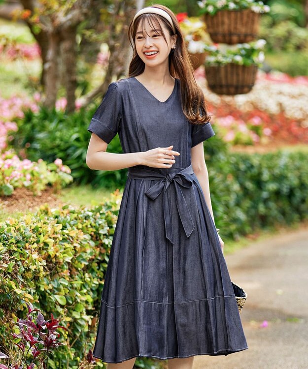 Tiaclasse デニムフレアワンピース ネイビー