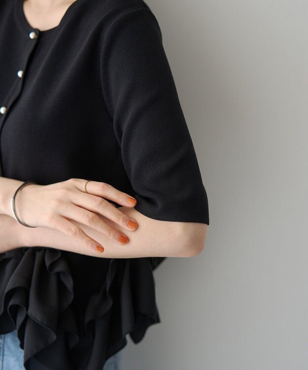 YECCA VECCA パール釦ラッフル5分袖カーディガン Black