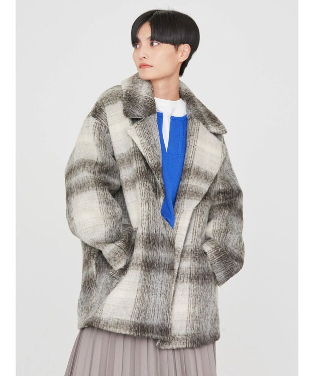 AMERICAN HOLIC チェックコクーンミディコート Check Ivory