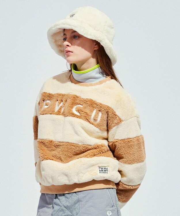 PW CIRCULUS 【ふわもこあったか/防寒/裏地付】【WOMEN】ボーダーフェイクファープルオーバー ベージュ系1