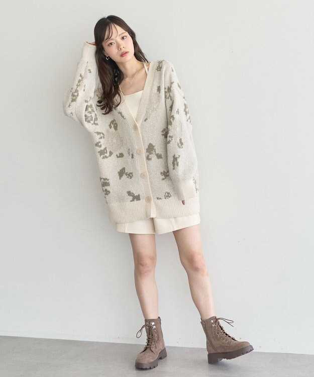 earth music&ecology フラワージャガードラメシャギーカーディガン Ivory