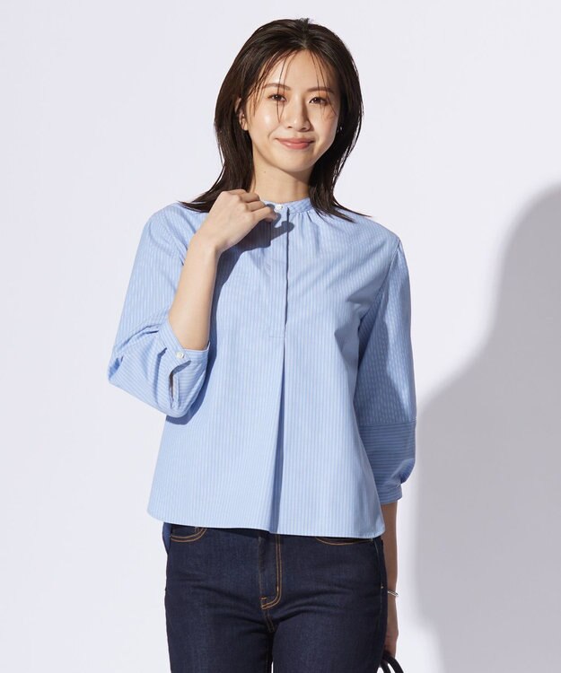 J.PRESS LADIES 【洗える・接触冷感・UVカット】エステネージュストライプ バンドカラーブラウス サックスブルーストライプ系1