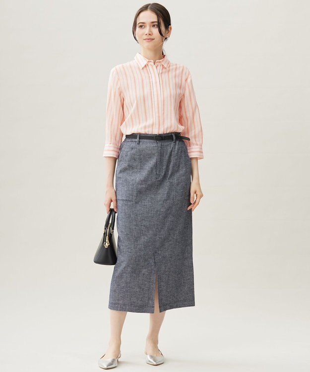 自由区 【ドラマ「明日はもっと いい日になる」着用】【接触冷感・吸水速乾・洗える】ナチュラルリネンクロップド丈 シャツ ホワイト×オレンジ