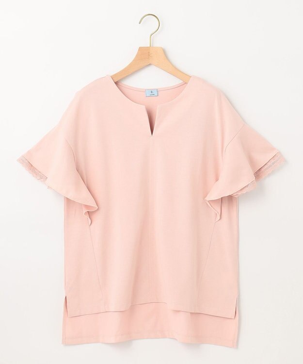 組曲 【汗ジミ防止・撥水】GIZAプレーティング天竺袖フリル カットソー ピンク系