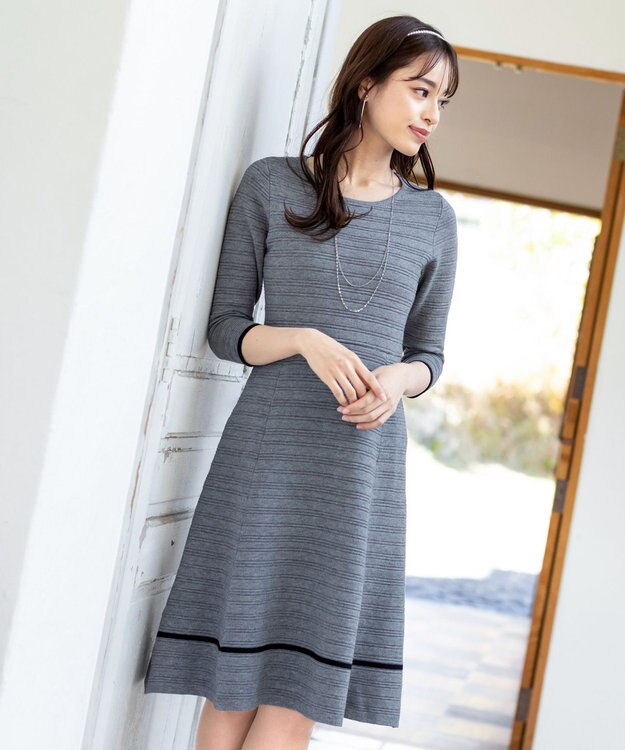 Tiaclasse L 【洗える】リップル編みニットワンピース グレー×ブラック