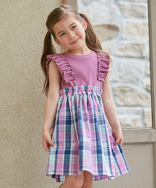 ANY KIDS チェック ドッキング ワンピース ローズ×マドラスチェック