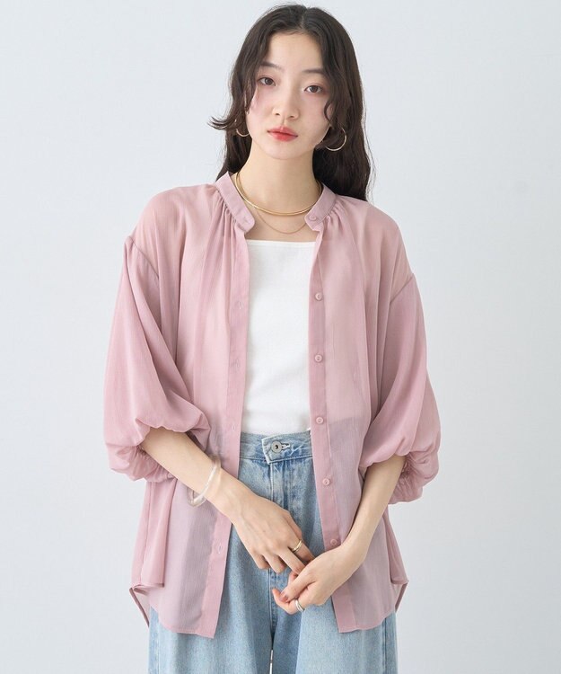 earth music&ecology バルーンスリーブシアーシャツ Pink