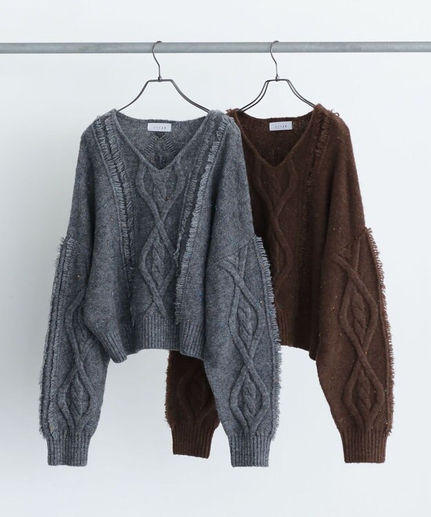 Green Parks ■ＥＳＣＡＲ　フリンジケーブルポップコーンニット Brown