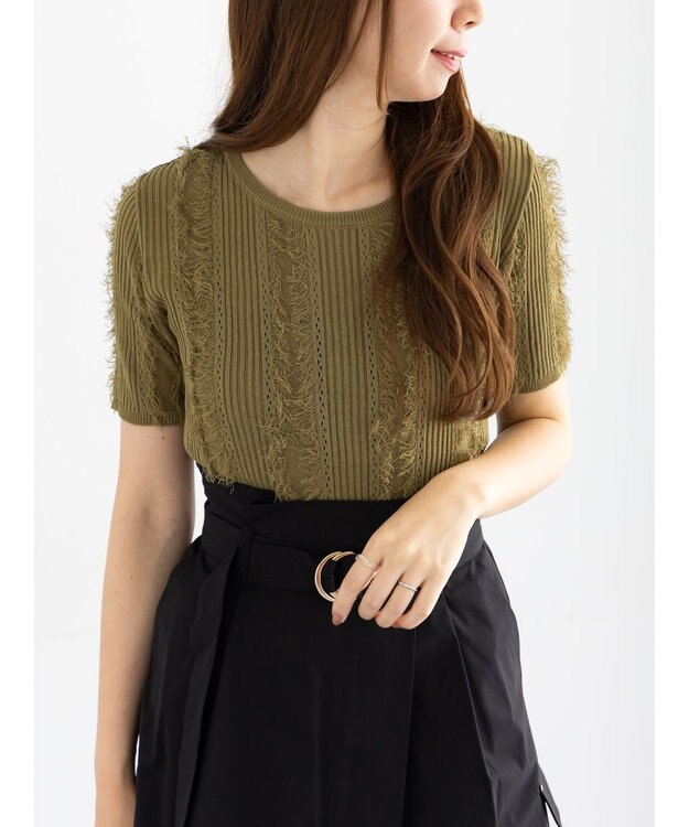 Te chichi フリンジニットハーフスリーブトップス カーキ