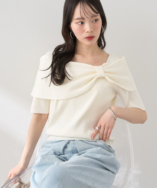 earth music&ecology リボン半袖ニットプルオーバー Ivory