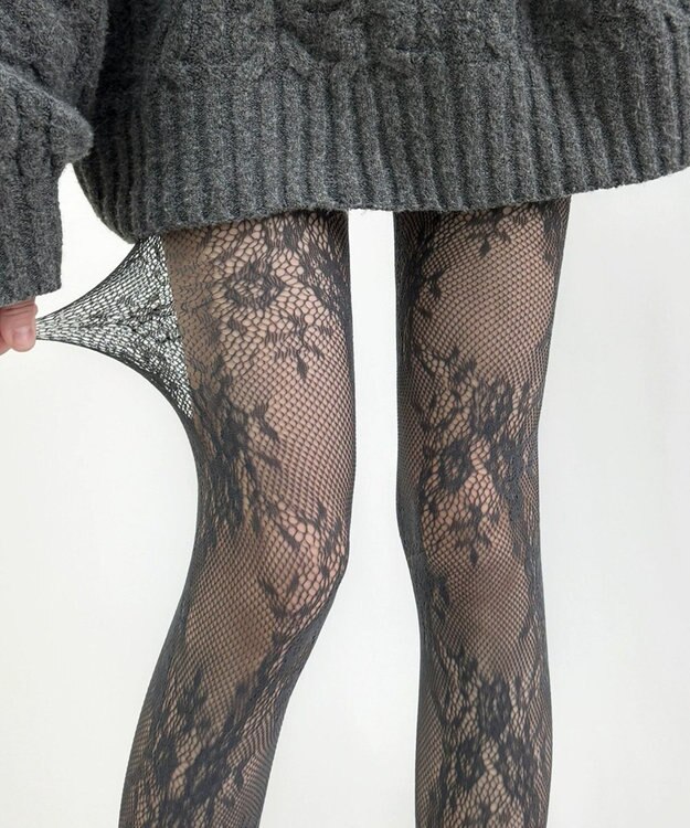 WEGO フラワー総レースタイツ ライトグレー