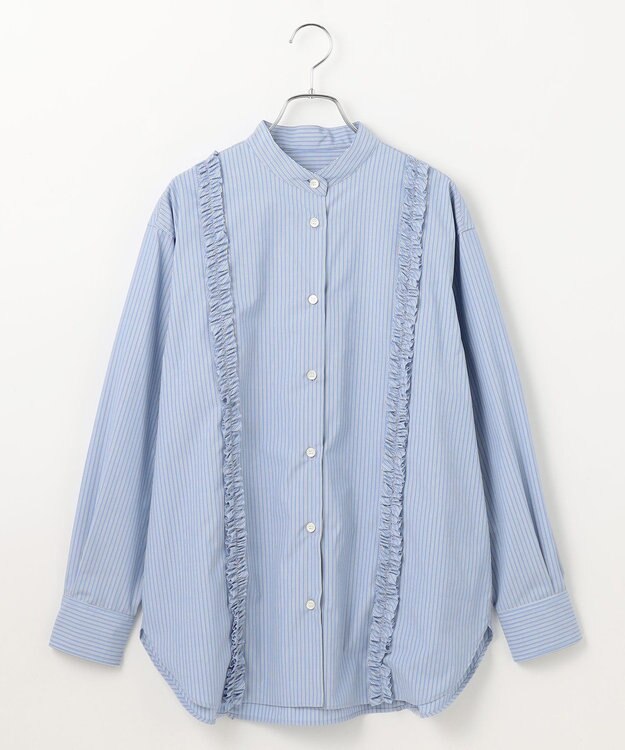 #Newans 【洗濯機可能/シワになりにくい】パネルフリルシャツ ブルーストライプ
