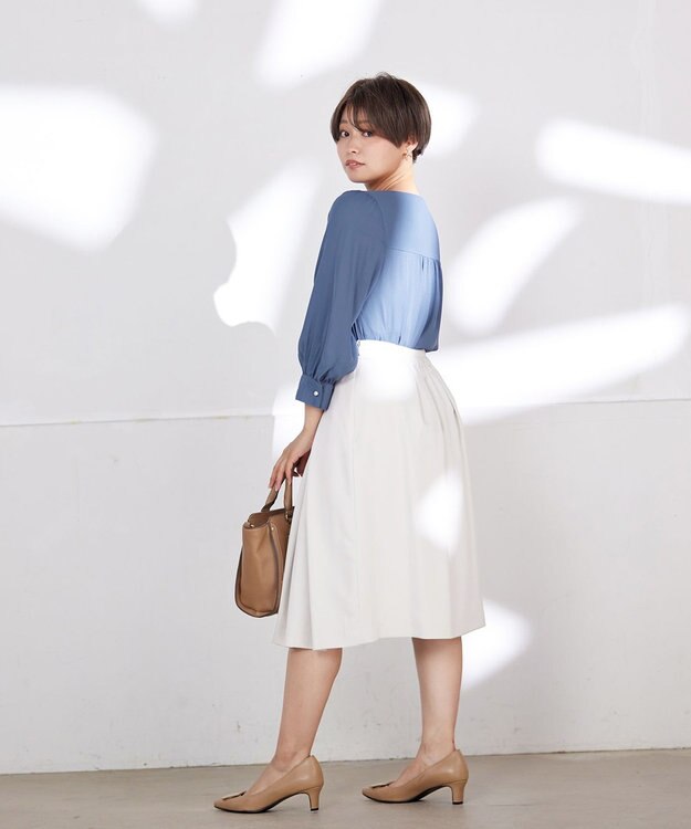 Tiaclasse L 【洗える】胸元ドレープブラウス ブルー