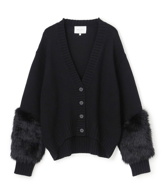 BEIGE， 【洗える】CHESTER / フェイクファーVネックカーディガン Black