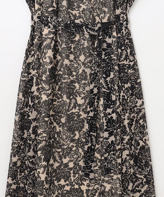 23区 ボタニカルプリント フレア ワンピース ベージュ×ブラックプリント
