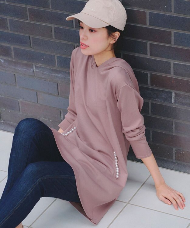 Tiaclasse 【洗える】パールポケット付きニットチュニックパーカー ピンク