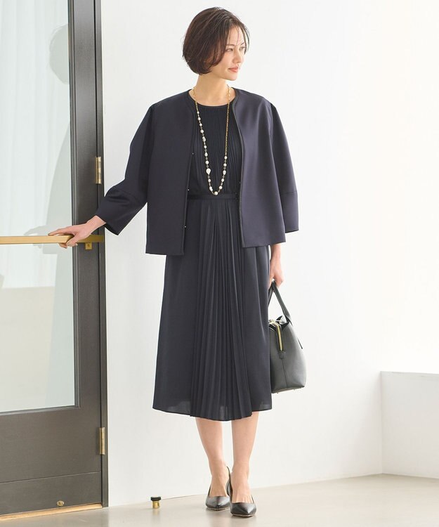 自由区 【ご好評につき追加生産・洗える】グログランノーカラー ジャケット ネイビー系