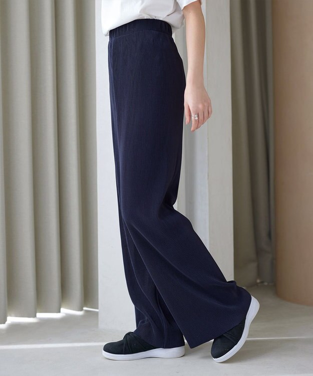 Tiaclasse L クリスタルプリーツパンツ ネイビー