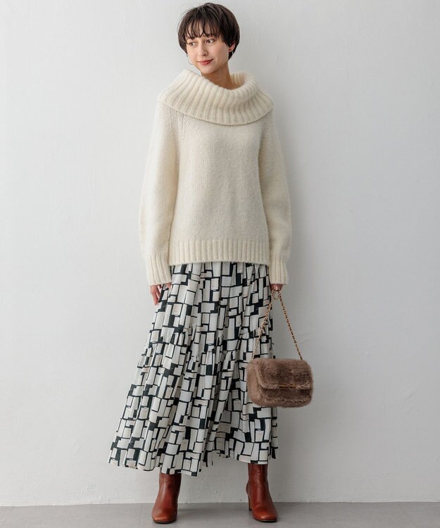 23区 L 【洗える】ARGENTIコラージュプリント ティアードスカート ブラック系