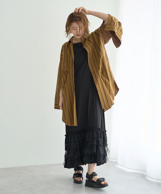 YECCA VECCA 2way袖デザインロングシャツ Stripe Camel